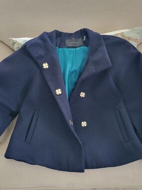Tahari Navy Short Peacoat with Gold-Tone Buttons